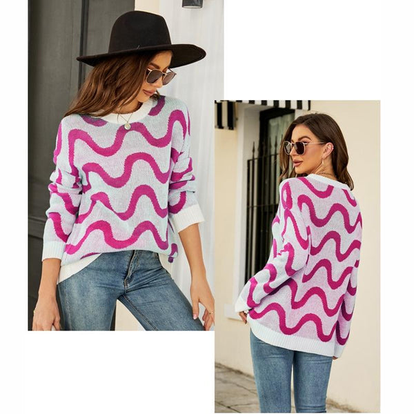 Women Casual Pullover Sweater Round Neck Wave Pattern Collision Colour Knitted Size Xl Pink Jumpers & Cardigans