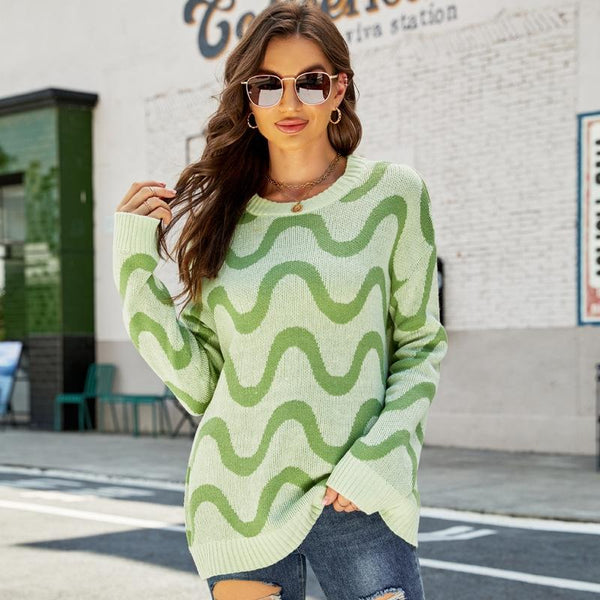 Women Casual Pullover Sweater Round Neck Wave Pattern Collision Colour Knitted Size Xl Pink Jumpers & Cardigans