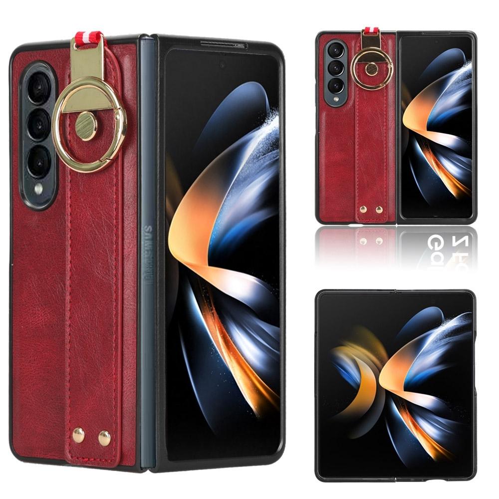 For Samsung Galaxy Z Fold4 5G Leather Wristband Phone Case Back Cover Red Straps & Charms