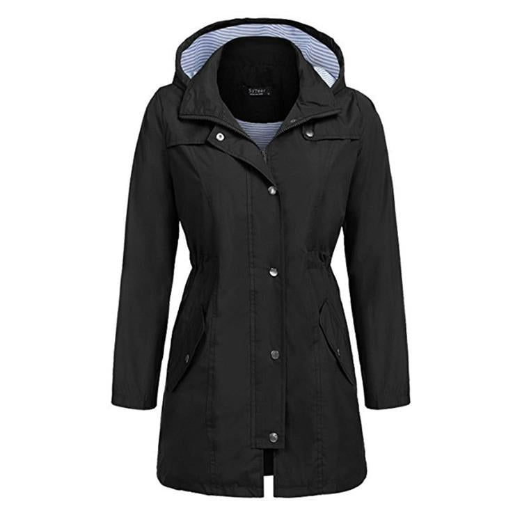 Casual Women Waterproof Waist Hooded Long Coat Size Xl Black Coats Jackets & Vests