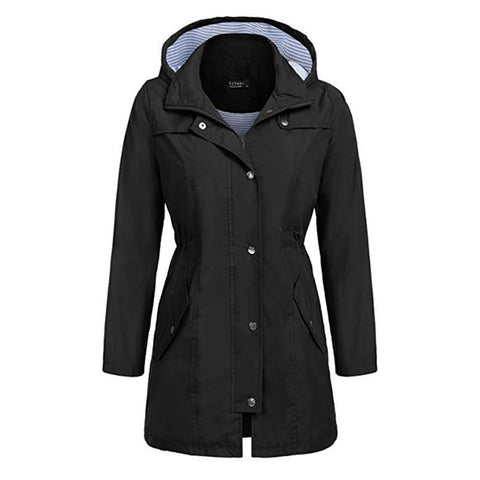 Casual Women Waterproof Waist Hooded Long Coat Size Xl Black Coats Jackets & Vests
