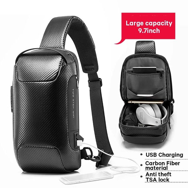 Carbon Fiber Anti Theft Waterproof Crossbody Chest Bag Men Women 34 X 18 10Cm Black Bags
