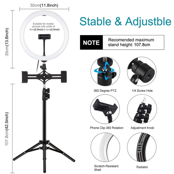11.8 Inch Led Ring Light With Tripod And Dual Phone Brackets For Vlogging Tripods & Monopods