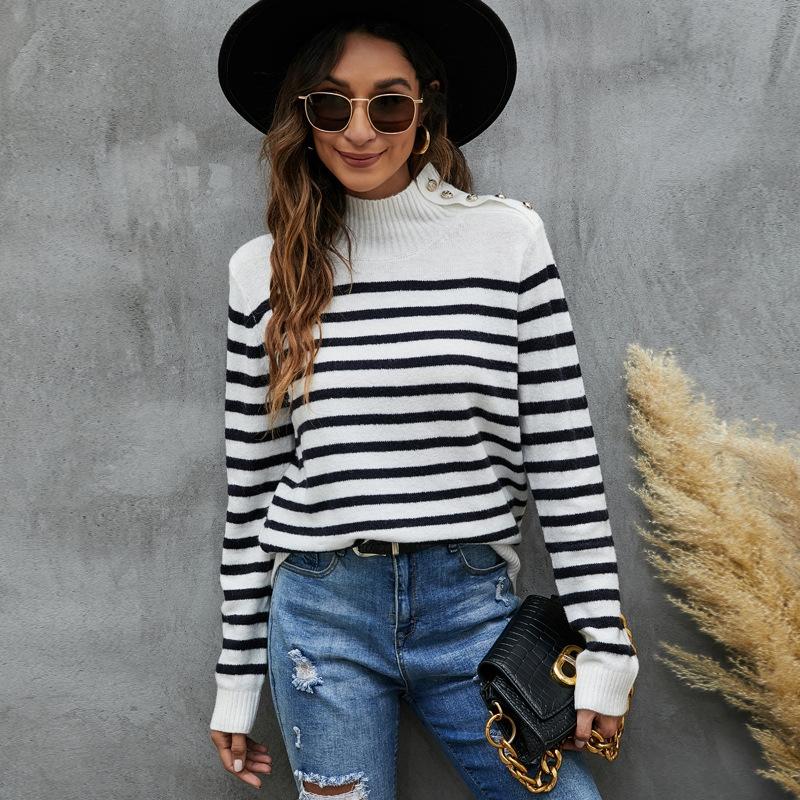 Women Striped Knitwear Loose Stand Up Collar Pullover Sweater Black And White Xl Coats Jackets & Vests
