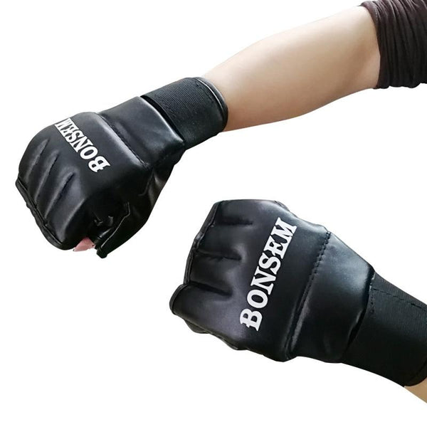 Adults Half Finger Leather Boxing Gloves Black Gloves Boxing
