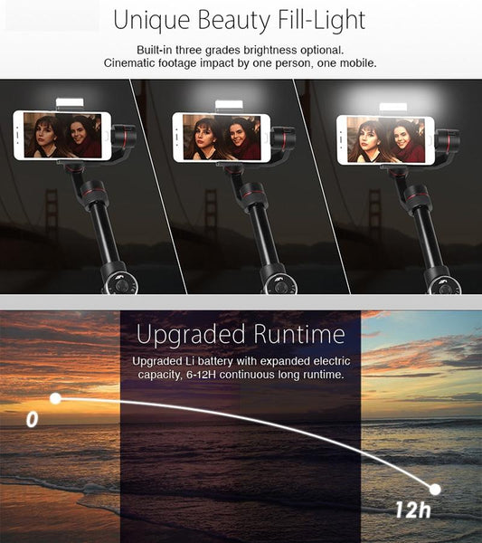 3 Axis Gimbal Stabilizer With Tripod Mount & Fill Light For Smartphones Black Stabilizers