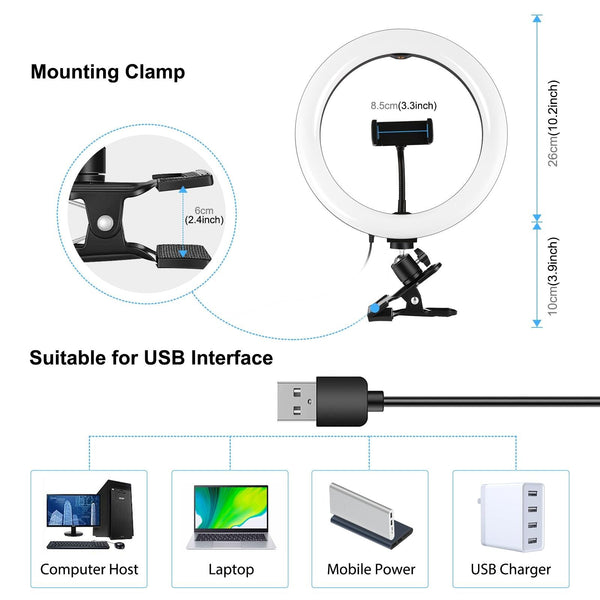 10.2" Dimmable Ring Light With Monitor Clip Usb Power Dual Color Modes & Phone Clamp Black Other Lighting & Studio