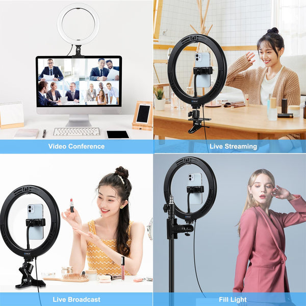 10.2" Dimmable Ring Light With Monitor Clip Usb Power Dual Color Modes & Phone Clamp Black Other Lighting & Studio
