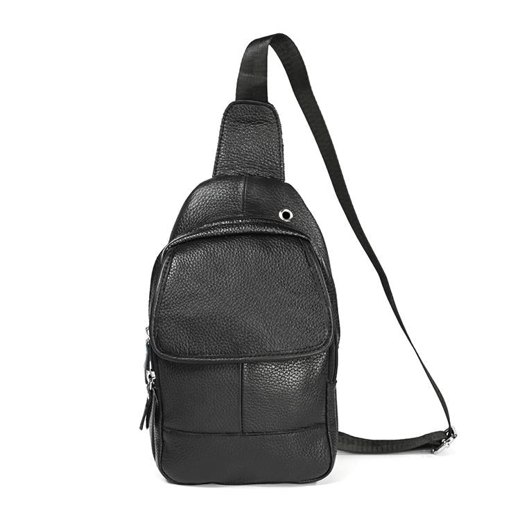 Men Litchi Texture Full Grain Cowhide Crossbody Bag Black Bags