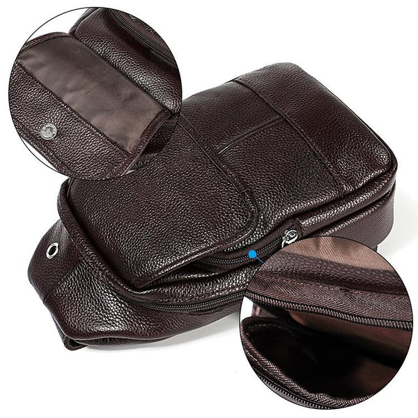 Men Litchi Texture Full Grain Cowhide Crossbody Bag Black Bags