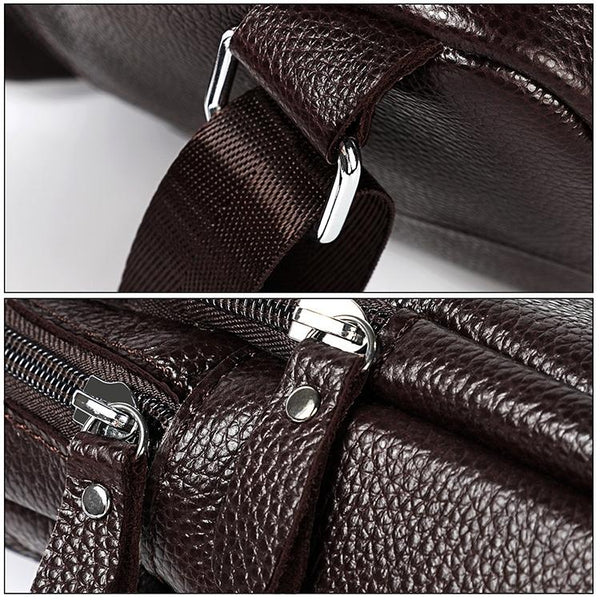 Men Litchi Texture Full Grain Cowhide Crossbody Bag Black Bags