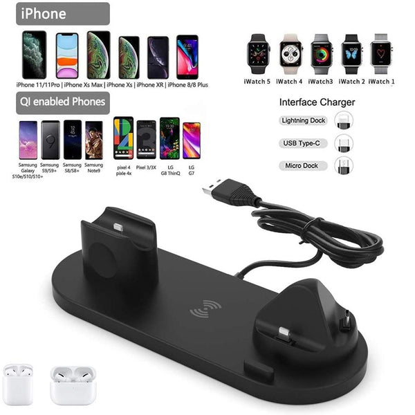 6 In 1 Wireless Charger For Iphone Apple Watch Airpods & Android Black Chargers & Cradles