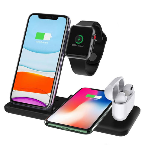 4 In 1 Wireless Charger Stand For Iphone Apple Watch Airpods Dual Phone Charging Black Chargers & Cradles