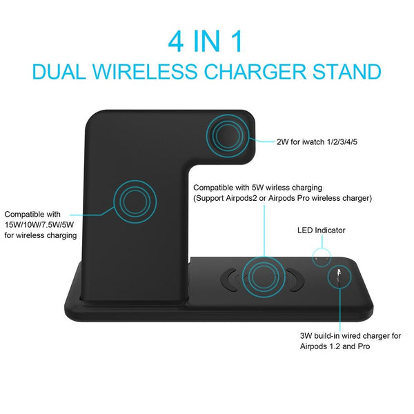 4 In 1 Wireless Charger Stand For Iphone Apple Watch Airpods Dual Phone Charging Black Chargers & Cradles