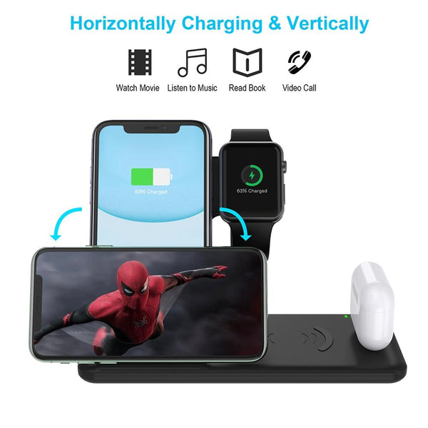4 In 1 Wireless Charger Stand For Iphone Apple Watch Airpods Dual Phone Charging Black Chargers & Cradles