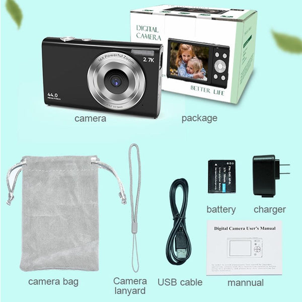Full Hd 1080P Digital Camera With 44Mp 16X Zoom 2.4 Inch Screen For Children_Black Digital Cameras