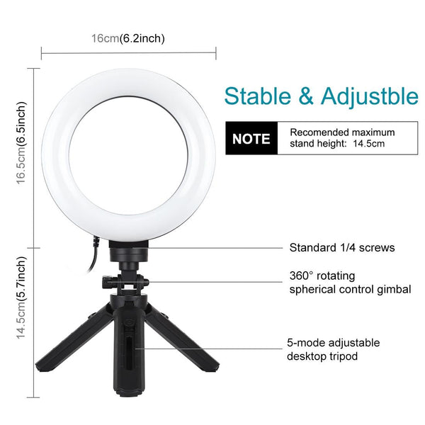 6.2 Inch Led Ring Light With Usb Three Modes Dimmable Vlogging Photography Mount Selfie Lights