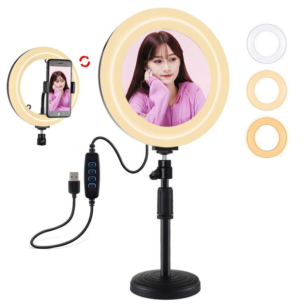 7.9 Dual Colour Led Ring Light With Desktop Mount And Phone Clamp Selfie Lights