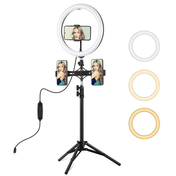 11.8 Led Ring Light Kit With Tripod & Dual Phone Brackets 3 Modes Colour Temperature Curved Surface Type Black Other Lighting & Studio