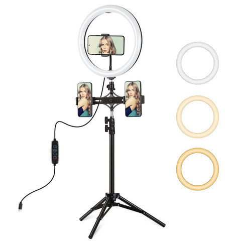 11.8 Led Ring Light Kit With Tripod & Dual Phone Brackets 3 Modes Colour Temperature Curved Surface Type Black Other Lighting & Studio