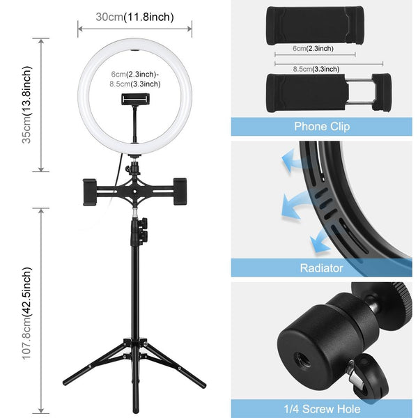 11.8 Led Ring Light Kit With Tripod & Dual Phone Brackets 3 Modes Colour Temperature Curved Surface Type Black Other Lighting & Studio