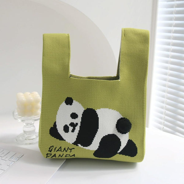Cartoon Panda Knit Bag Large Capacity Vest Handbag Matcha Colour Women's Bags & Handbags