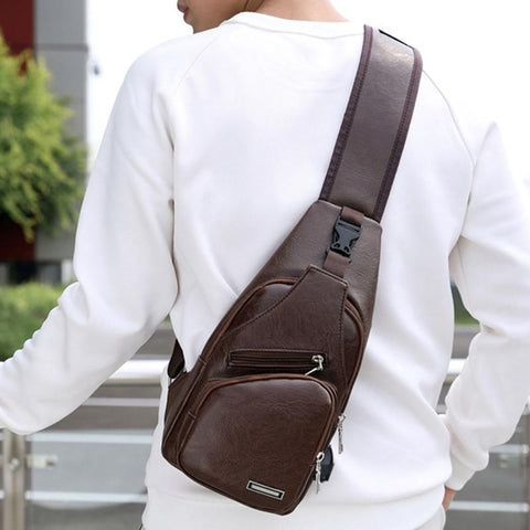 Waterproof Pu Leather Men Chest Bag Usb Port Headphone Hole Dark Brown Bags