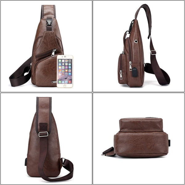 Waterproof Pu Leather Men Chest Bag Usb Port Headphone Hole Dark Brown Bags