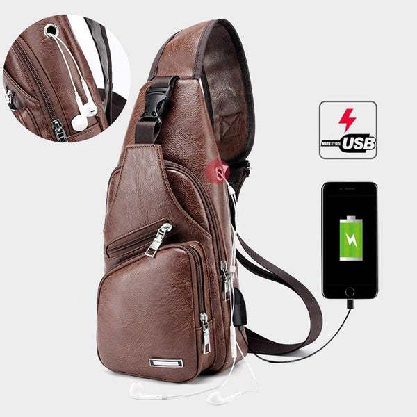 Waterproof Pu Leather Men Chest Bag Usb Port Headphone Hole Dark Brown Bags