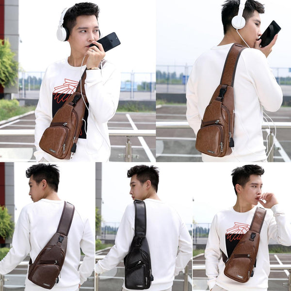 Waterproof Pu Leather Men Chest Bag Usb Port Headphone Hole Dark Brown Bags