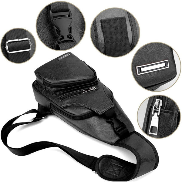 Waterproof Pu Leather Men Chest Bag Usb Port Headphone Hole Dark Brown Bags