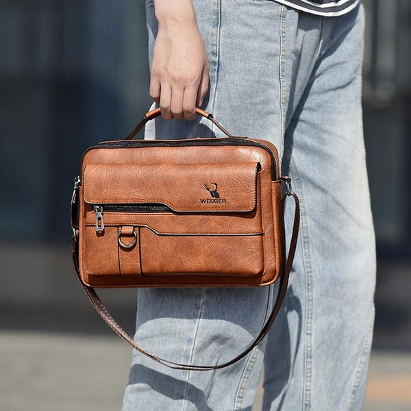 Parallel Leather Men Shoulder Bag Business Laptop Case Retro Design Dark Brown Laptop Cases & Bags