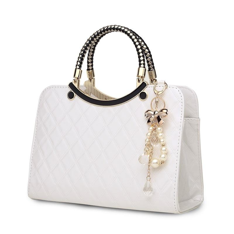Diamond Pattern Leather Handbag With Hanging Ornaments Women White Women's Bags & Handbags