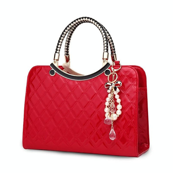 Diamond Pattern Leather Handbag With Hanging Ornaments Women White Women's Bags & Handbags