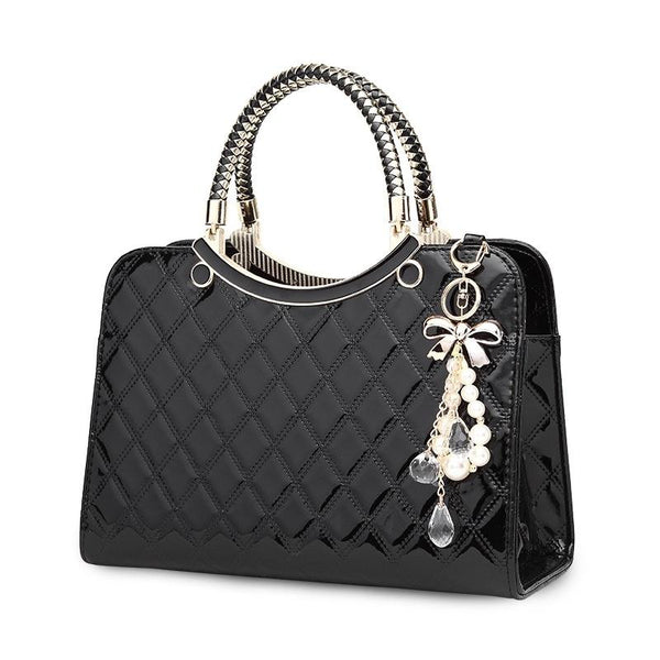 Diamond Pattern Leather Handbag With Hanging Ornaments Women White Women's Bags & Handbags