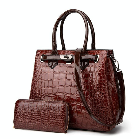 Large Capacity 2 In 1 Crocodile Patent Leather Shoulder Bag Brown Women's Bags & Handbags