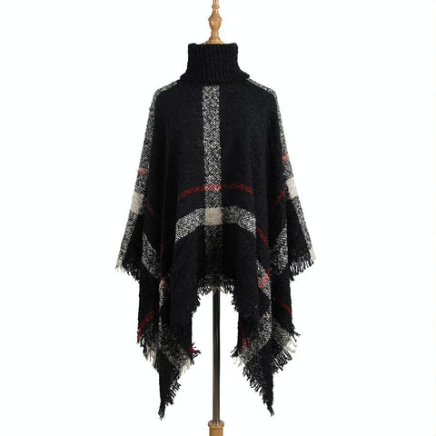 Women Mid Length Turtleneck Sweater Fringed Cloak Shawl Free Size Black Scarves & Wraps