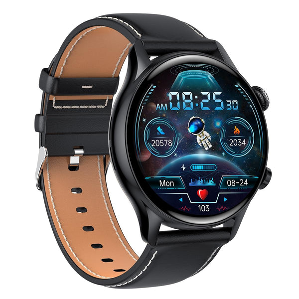 1.36 Inch Amoled Screen Leather Strap Smart Watch Support Nfc Function / Blood Oxygen Monitoring Black Smart Watches