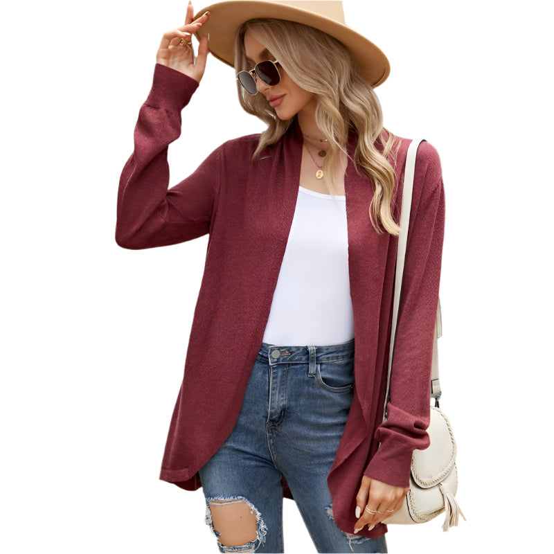 Women Mid Length Sweater Jacket Temperament Loose Knitted Cardigan Wine Red Jumpers & Cardigans