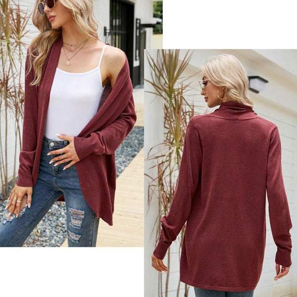 Women Mid Length Sweater Jacket Temperament Loose Knitted Cardigan Wine Red Jumpers & Cardigans