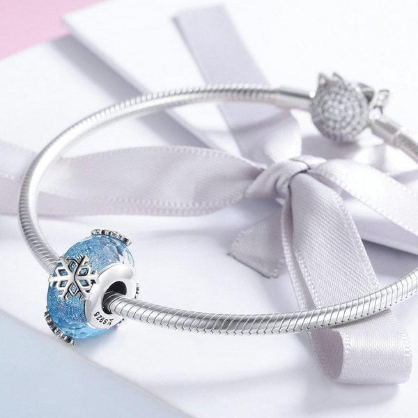 925 Sterling Silver Snowflakes Glass Bead Bracelet Charms Light Blue Charms & Pendants