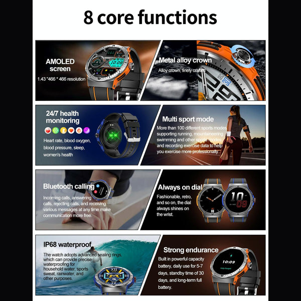 1.43 Inch Bt5.3 Ip68 Sport Smart Watch Support Bluetooth Call / Message Notification Heart Rate Blood Pressure Health Monitor Smart Watches