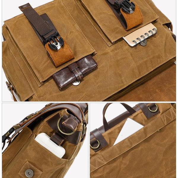 Leather Waxed Canvas Crossbody Bag For Outdoors Khaki Bags