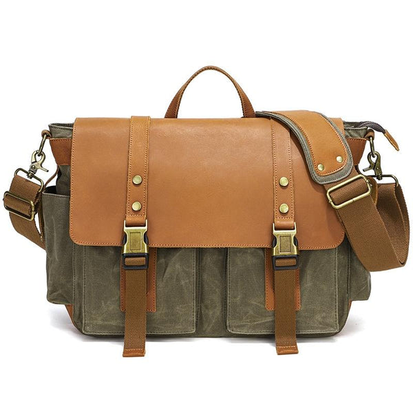 Leather Waxed Canvas Crossbody Bag For Outdoors Khaki Bags