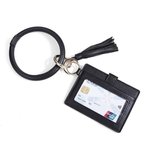 Pu Leather Wrist Ring Key Chain Coin Purse Black Wallets