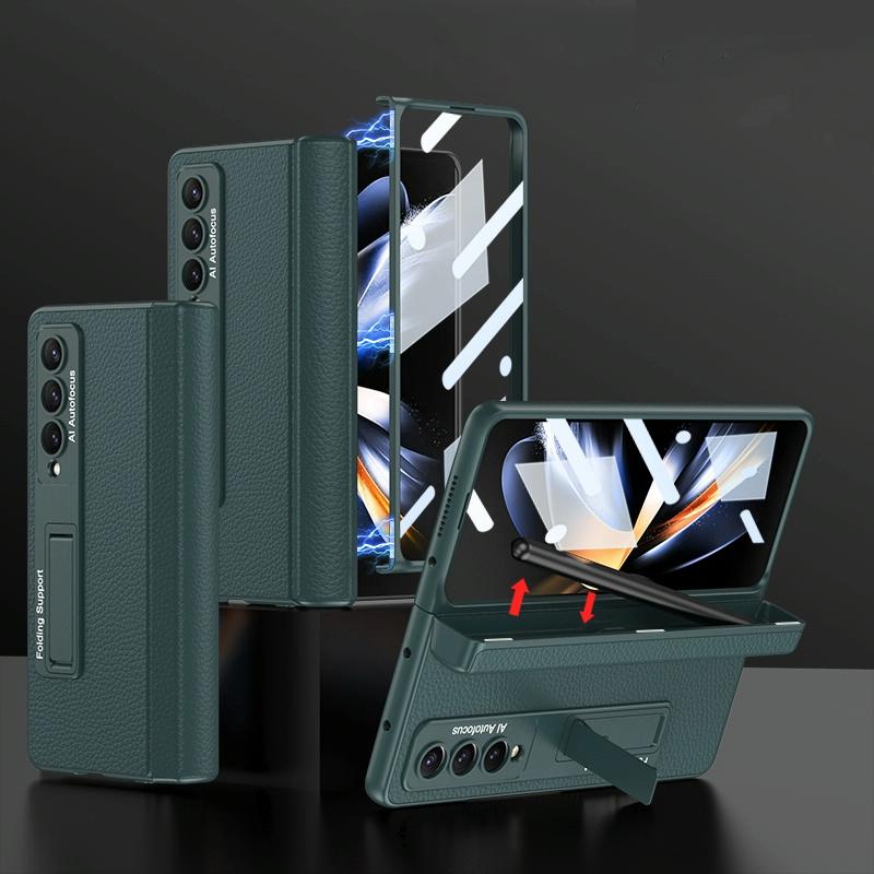 For Samsung Galaxy Z Fold4 5G Leather Phone Case With Foldable Hinge And Holder Green Other Mobile Accessories