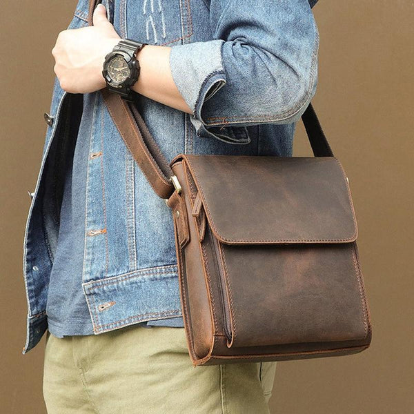 Rustic Leather Men Shoulder Bag Dark Brown Bags