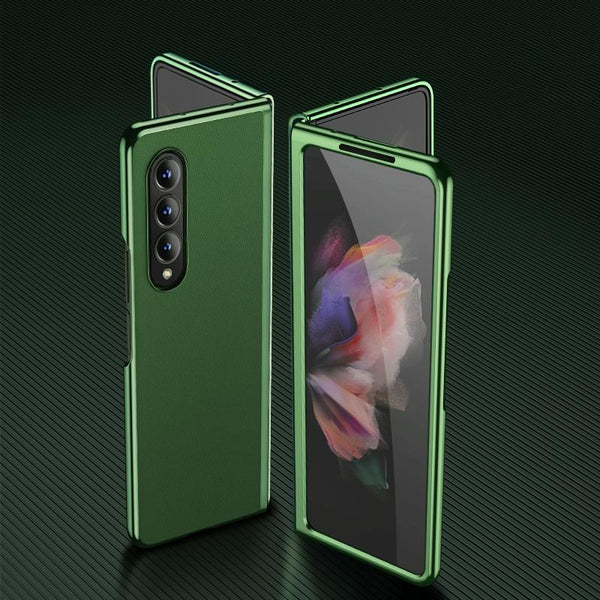 For Samsung Galaxy Z Fold4 5G Leather Folding Phone Case Electroplated Finish Army Green Cases Covers & Skins