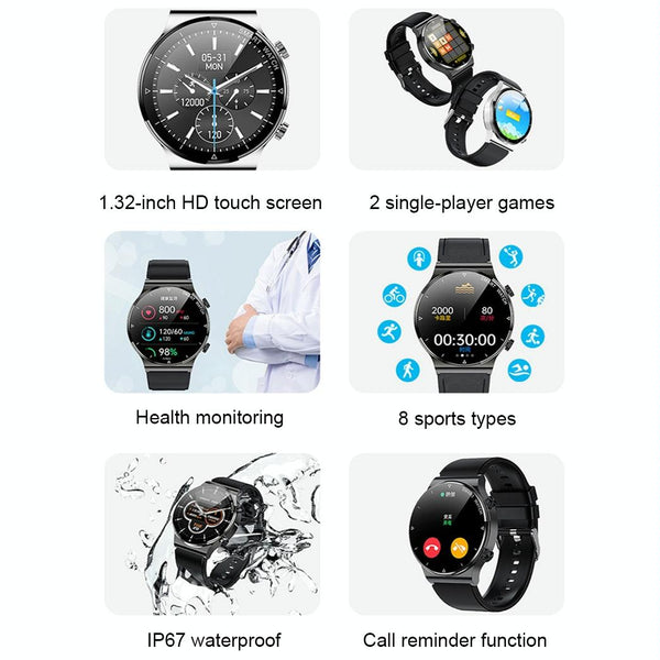 1.32 Inch Heart Rate Sleep Monitoring Smart Watch Black Leather Smart Watches