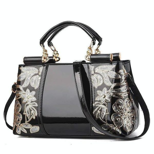 Shiny Leather Handbag With Single Sided Embroidery Black Women's Bags & Handbags